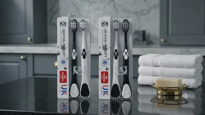 DB Royal Pro Soft black and white toothbrushes in retail packaging