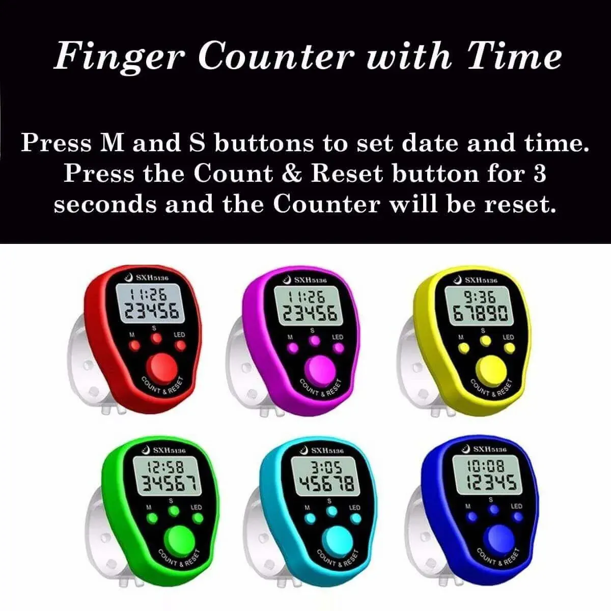 Digital finger counter with time in multiple colors