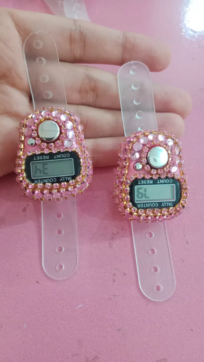 Real pink crystal Tasbeeh counter pair with transparent straps