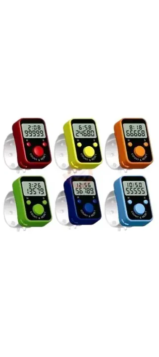 Six rechargeable digital Tasbeeh counters in assorted colors